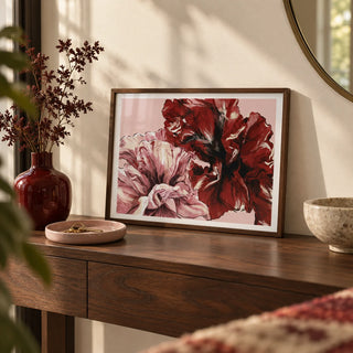 Pink Floral Print, a small A4 framed print leaning on a walnut hallway side table