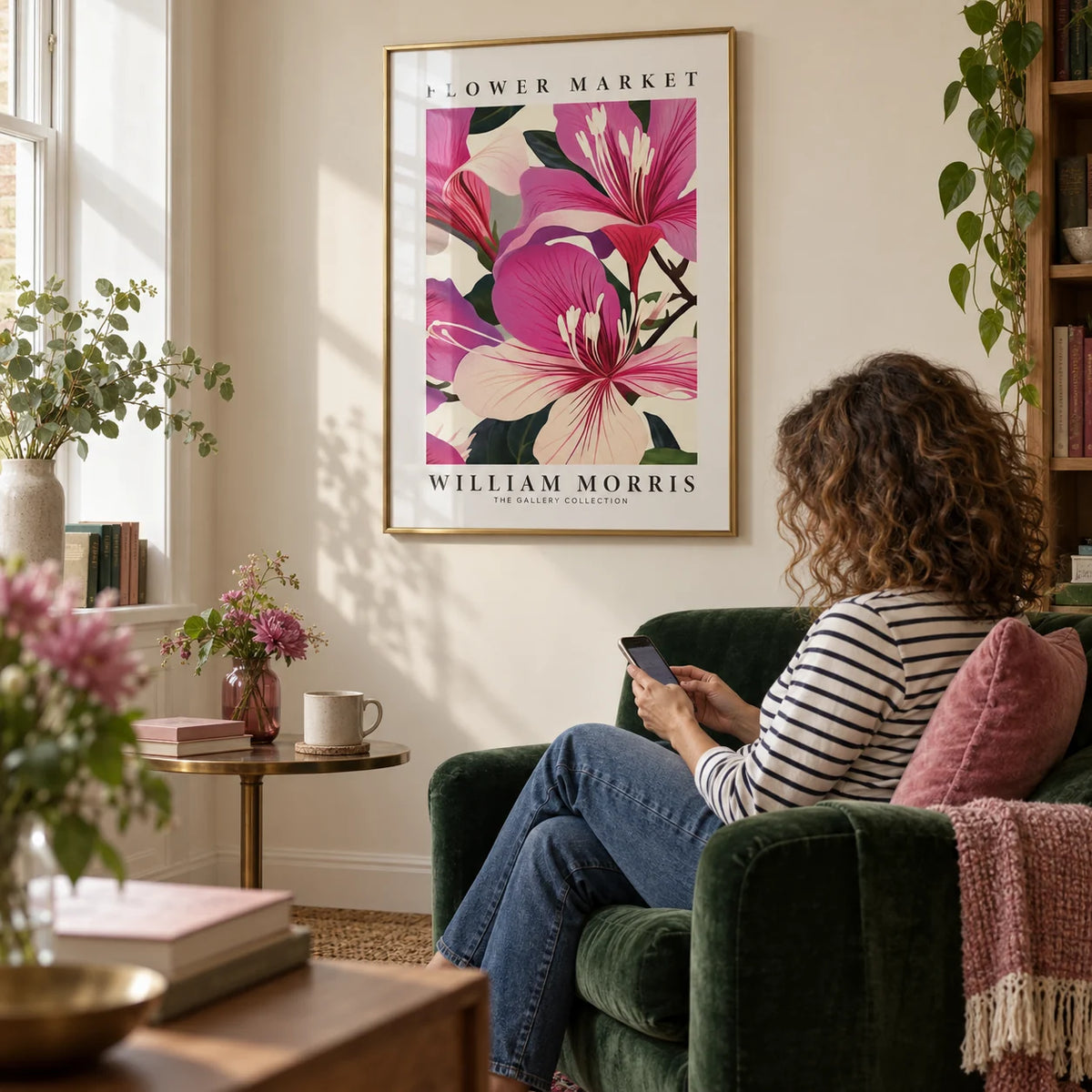 Pink Floral Prints, framed on the wall of a calm reading corner with a cream wall in a living room