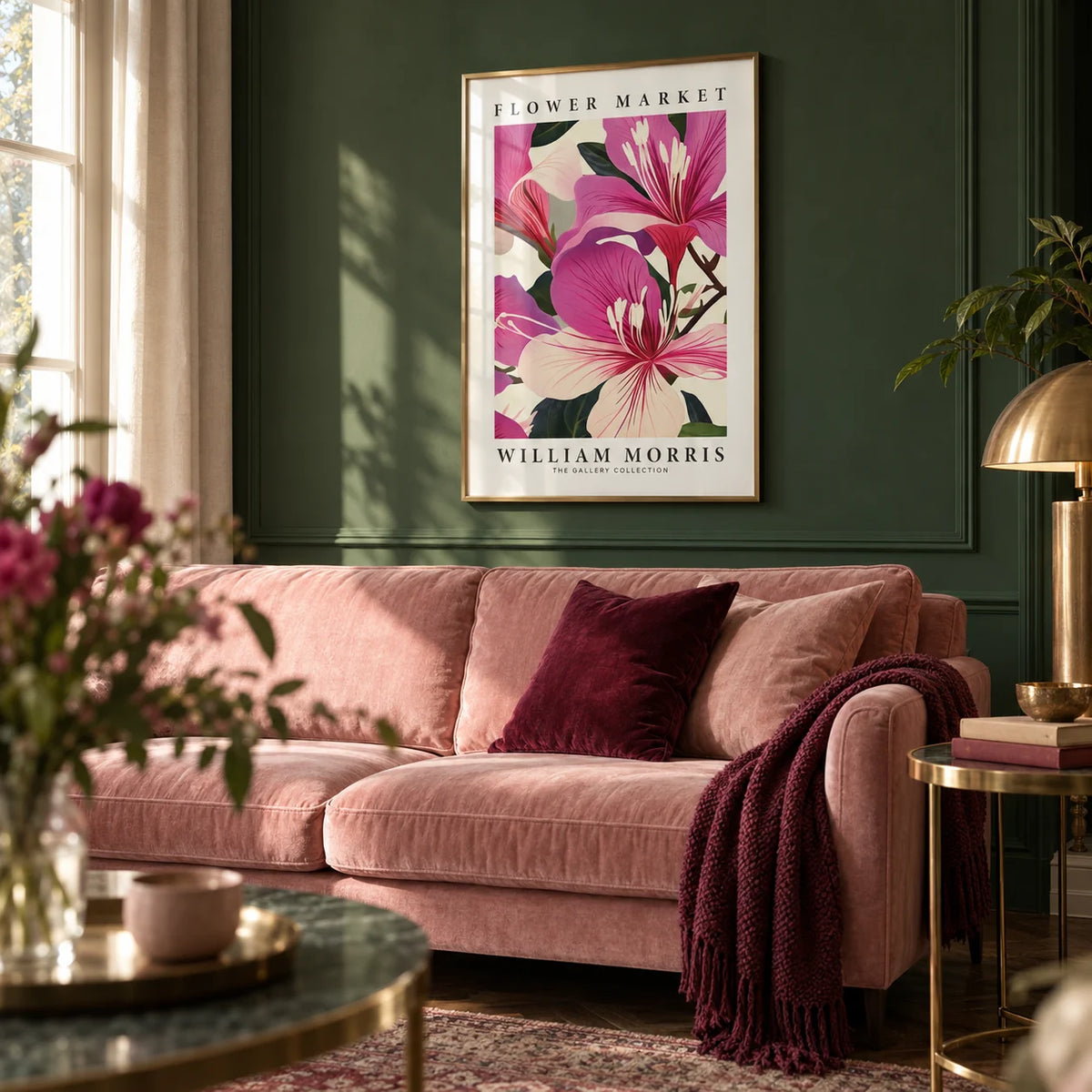 Pink Floral Prints, framed on the wall of a classic living room with a deep green painted wall