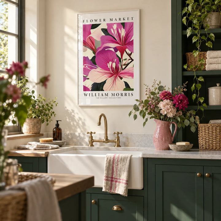 Pink Floral Prints, framed on the wall of a pretty utility room with deep green painted cabinets and a warm white wall in a laundry room