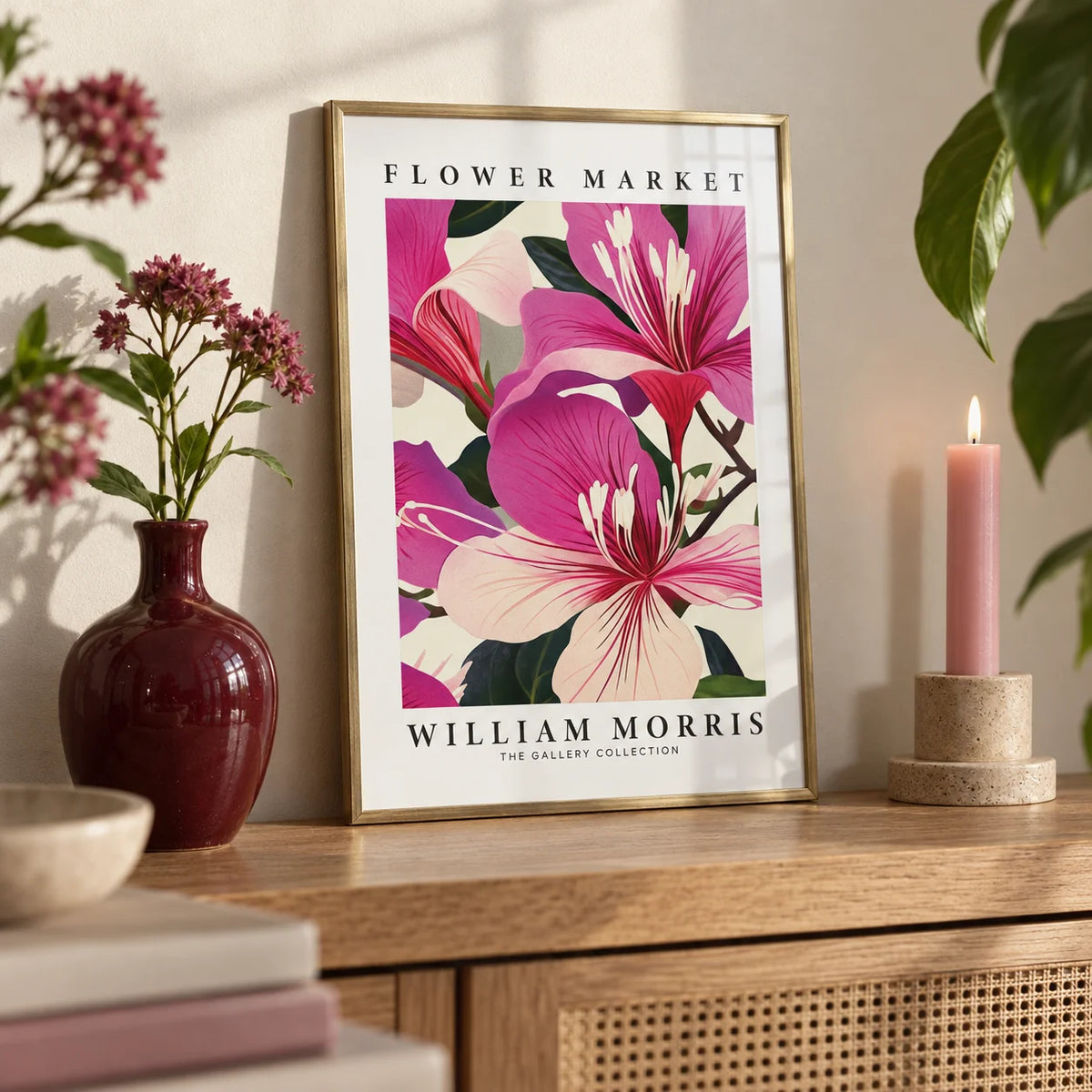Pink Floral Prints, a small A4 framed print leaning on an oak shelf in a living room