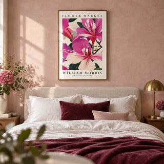 Pink Floral Prints, framed on the wall of a soft romantic bedroom with a blush pink limewash wall