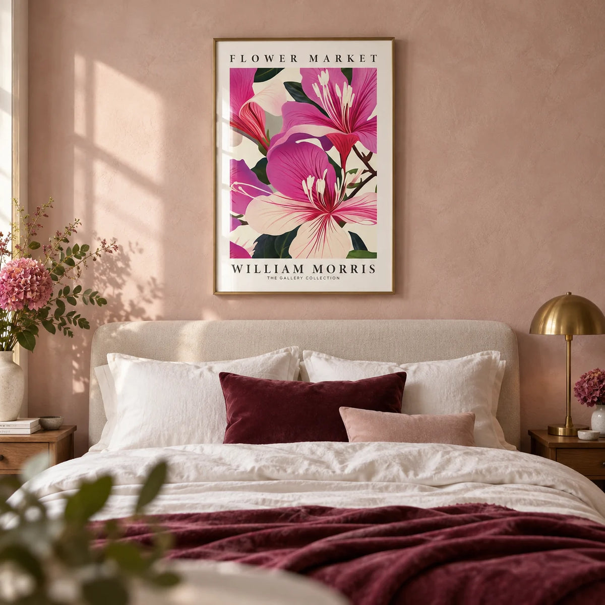 Pink Floral Prints, framed on the wall of a soft romantic bedroom with a blush pink limewash wall