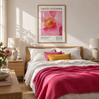 Pink Floral Wall Art, framed on the wall of a calm bedroom with a soft white wall