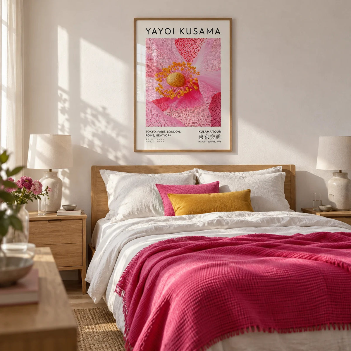 Pink Floral Wall Art, framed on the wall of a calm bedroom with a soft white wall