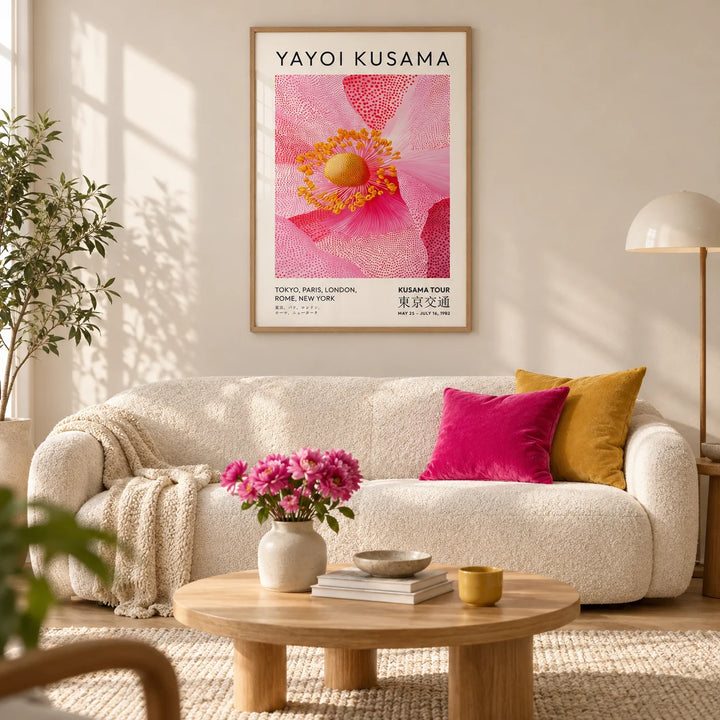 Pink Floral Wall Art, framed on the wall of a calm modern living room with a soft cream wall and a light oak floor