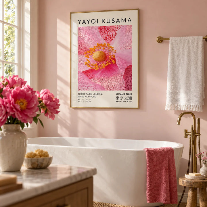 Pink Floral Wall Art, framed on the wall of a pretty bathroom with a pale pink painted wall and a white freestanding bath