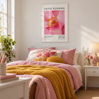 Pink Floral Wall Art, framed on the wall of a pretty single bedroom for a teen girl (13-17) with a soft white wall