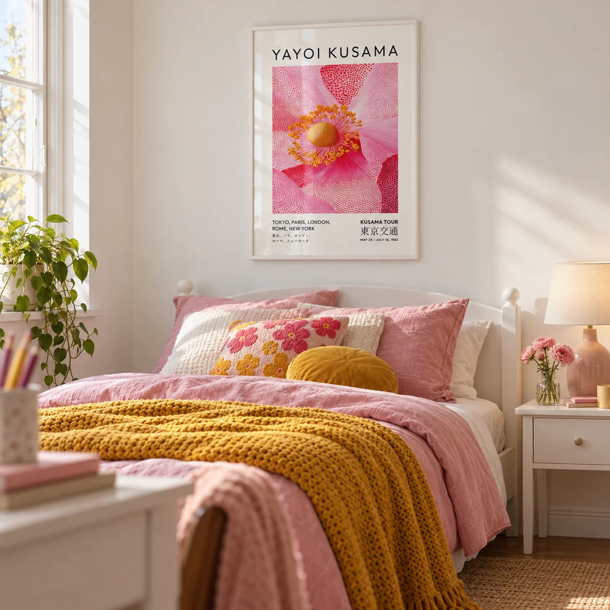 Pink Floral Wall Art, framed on the wall of a pretty single bedroom for a teen girl (13-17) with a soft white wall