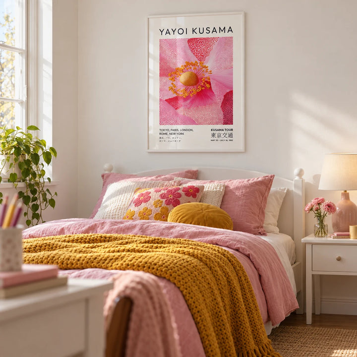 Pink Floral Wall Art, framed on the wall of a pretty single bedroom for a teen girl (13-17) with a soft white wall