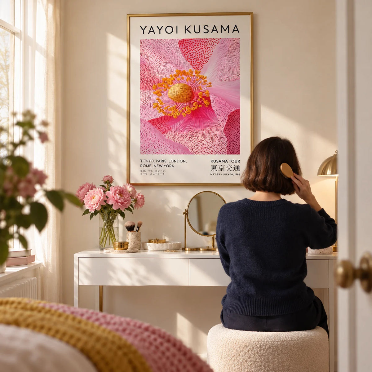 Pink Floral Wall Art, framed on the wall of a stylish dressing corner with a cream wall in a living room