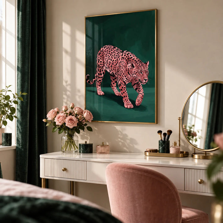 Pink Leopard Wall Art, framed on the wall of a dressing room