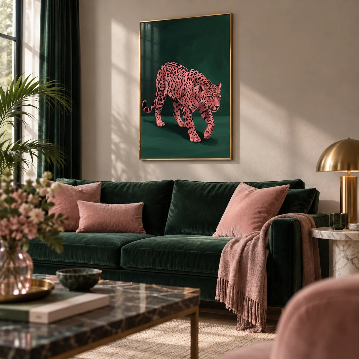 Pink Leopard Wall Art, framed on the wall of a elegant living room