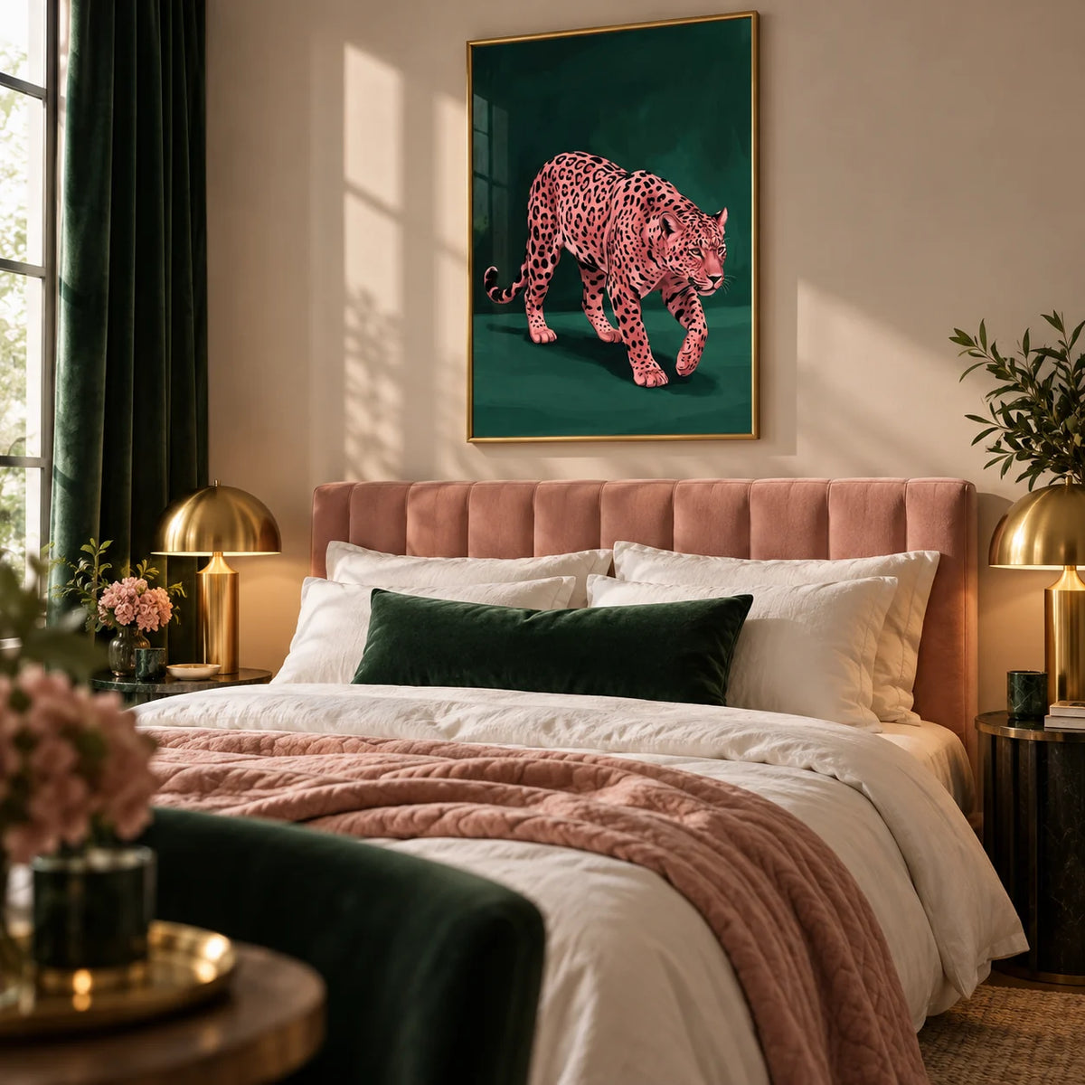 Pink Leopard Wall Art, framed on the wall of a luxe bedroom