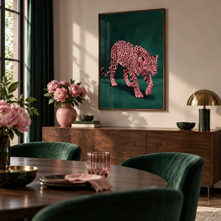 Pink Leopard Wall Art, framed on the wall of a luxe dining room