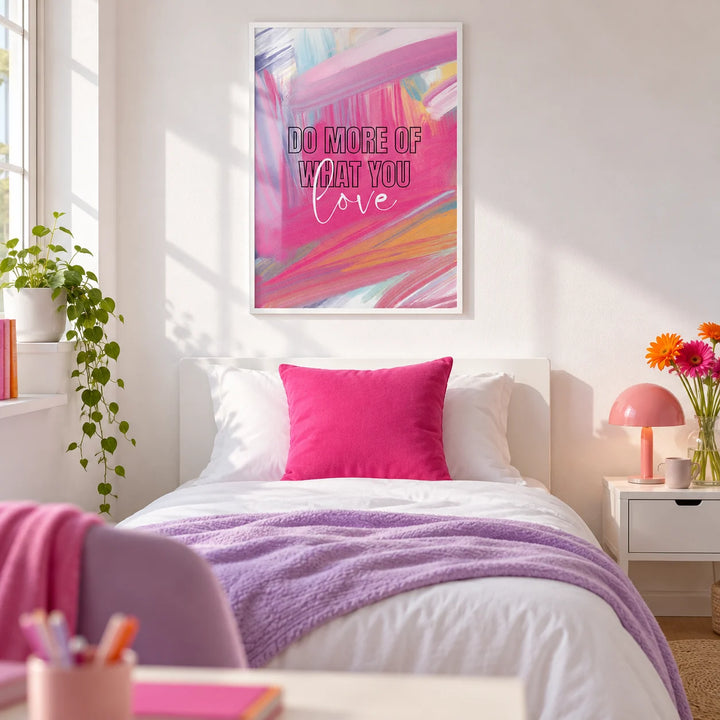 Pink Motivational Posters, framed on the wall of a bright single bedroom for a creative teenage girl (13-17) with a white wall