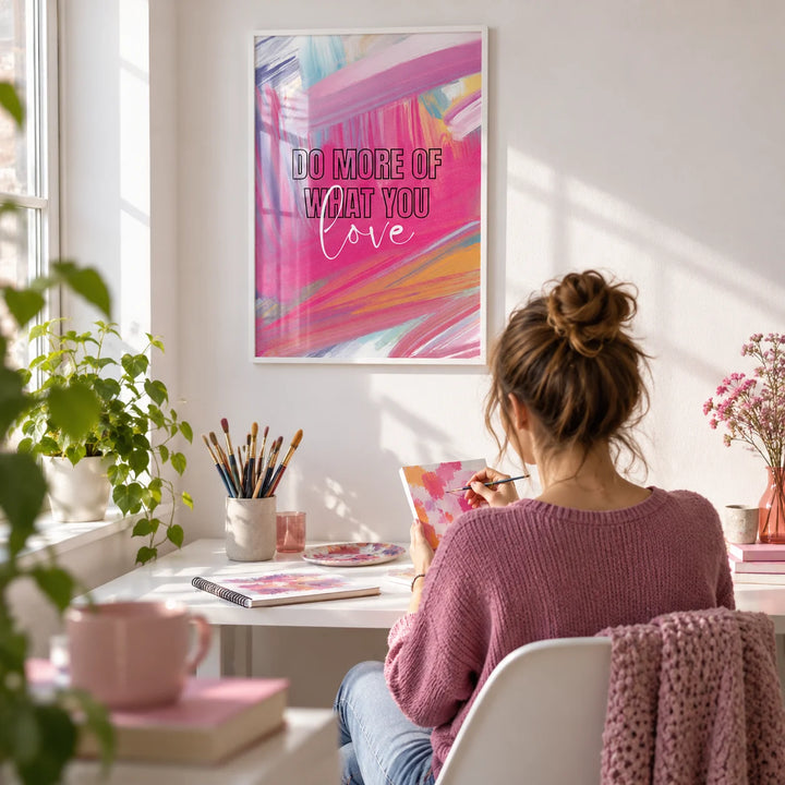 Pink Motivational Posters, framed on the wall of a creative corner in a young woman's flat with a white wall in a home office