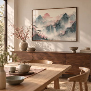 Tiger Mountain Wall Art, framed on the wall of a calm dining room