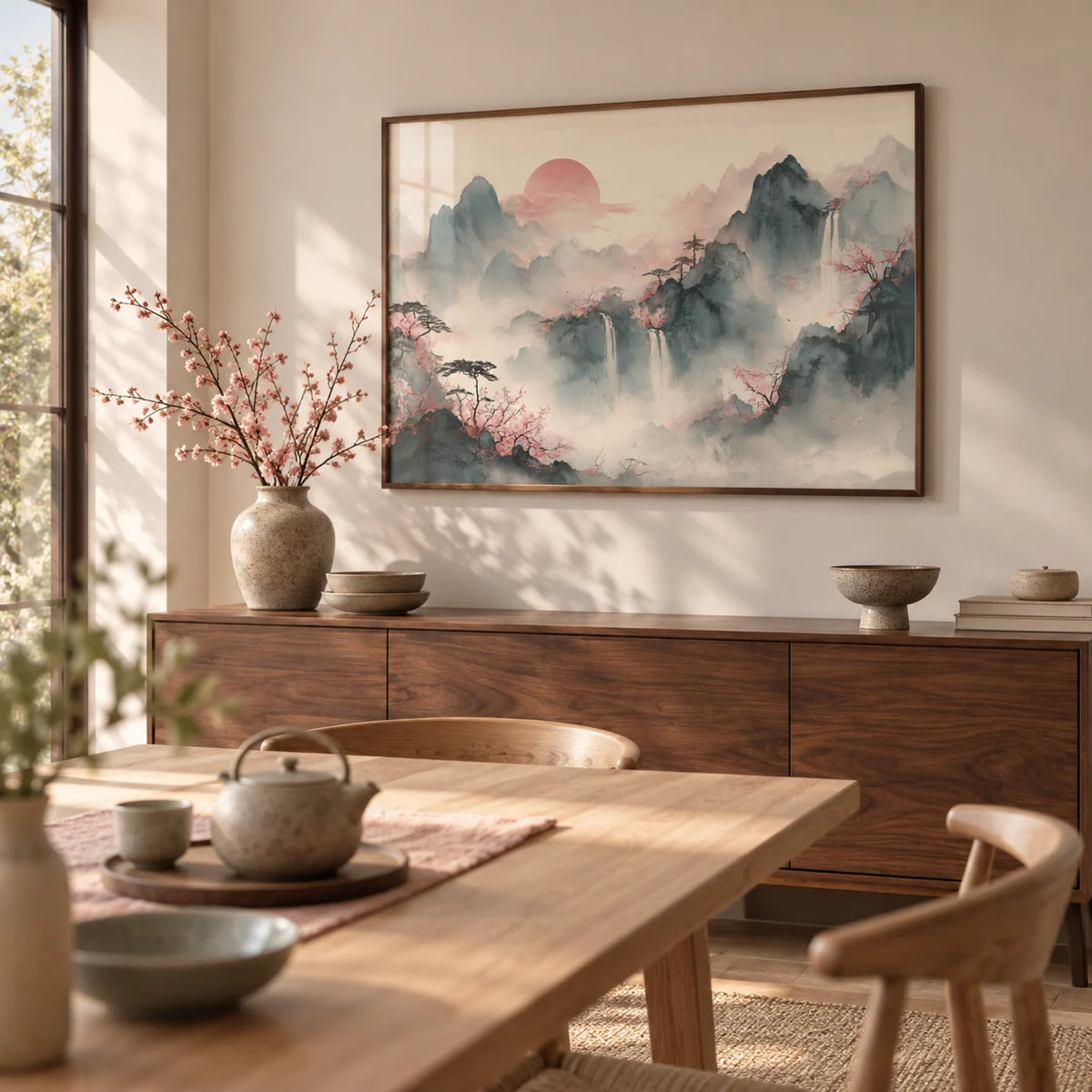 Tiger Mountain Wall Art, framed on the wall of a calm dining room