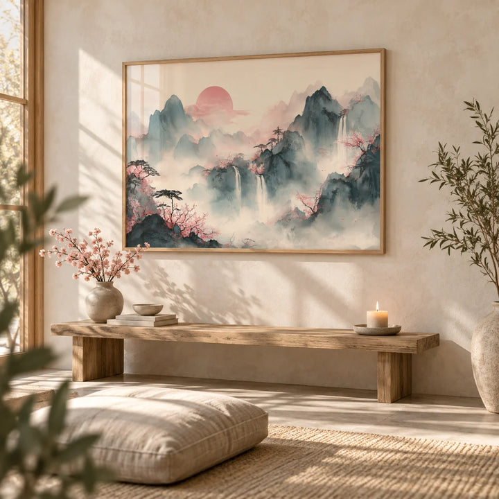 Tiger Mountain Wall Art, framed on the wall of a calm meditation room with a pale limewashed wall