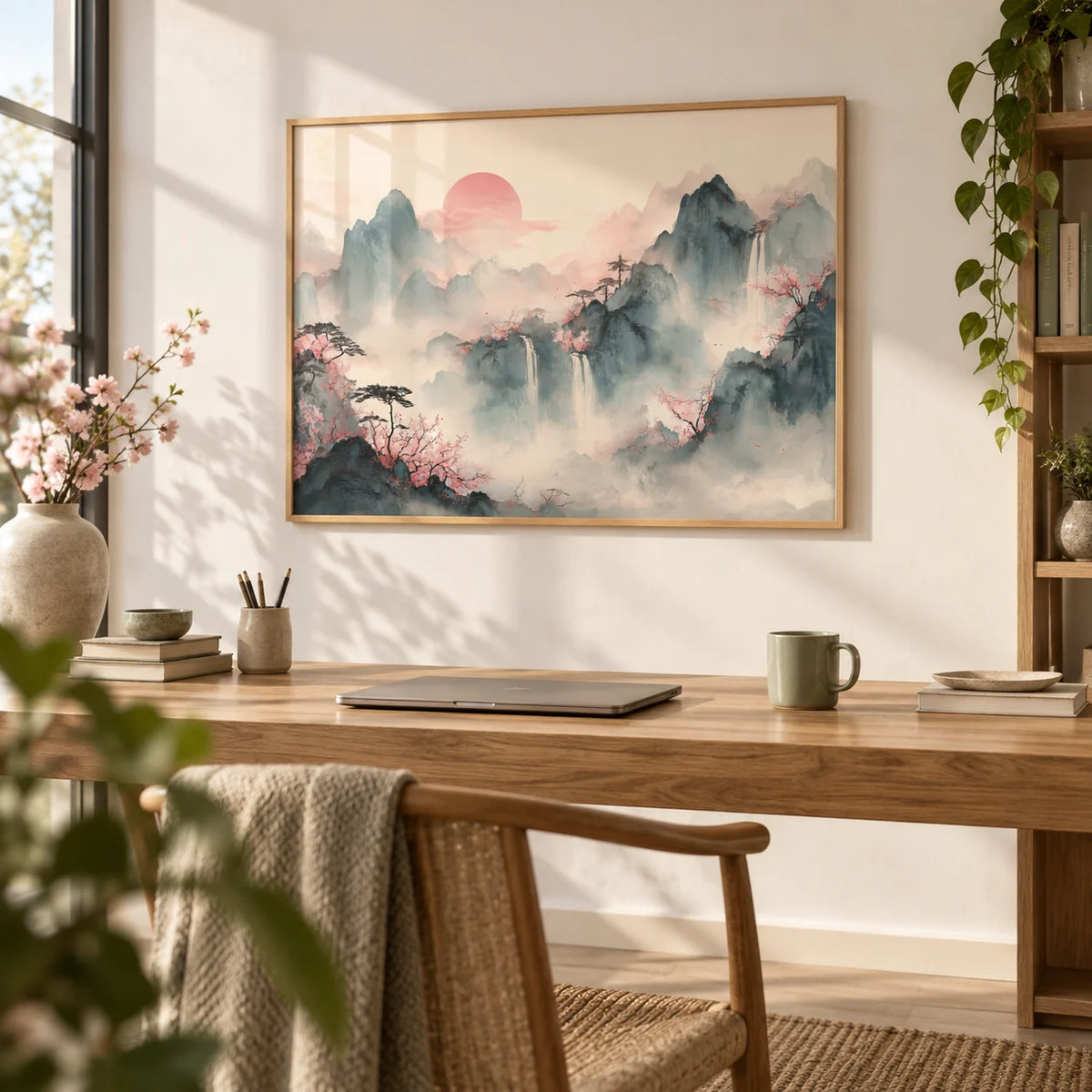 Tiger Mountain Wall Art, framed on the wall of a quiet home office with a white wall