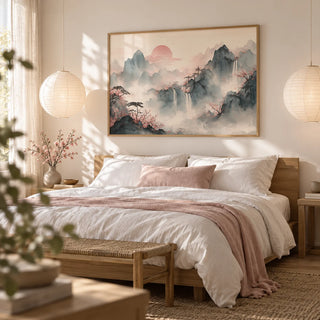 Tiger Mountain Wall Art, framed on the wall of a serene bedroom with a soft white wall
