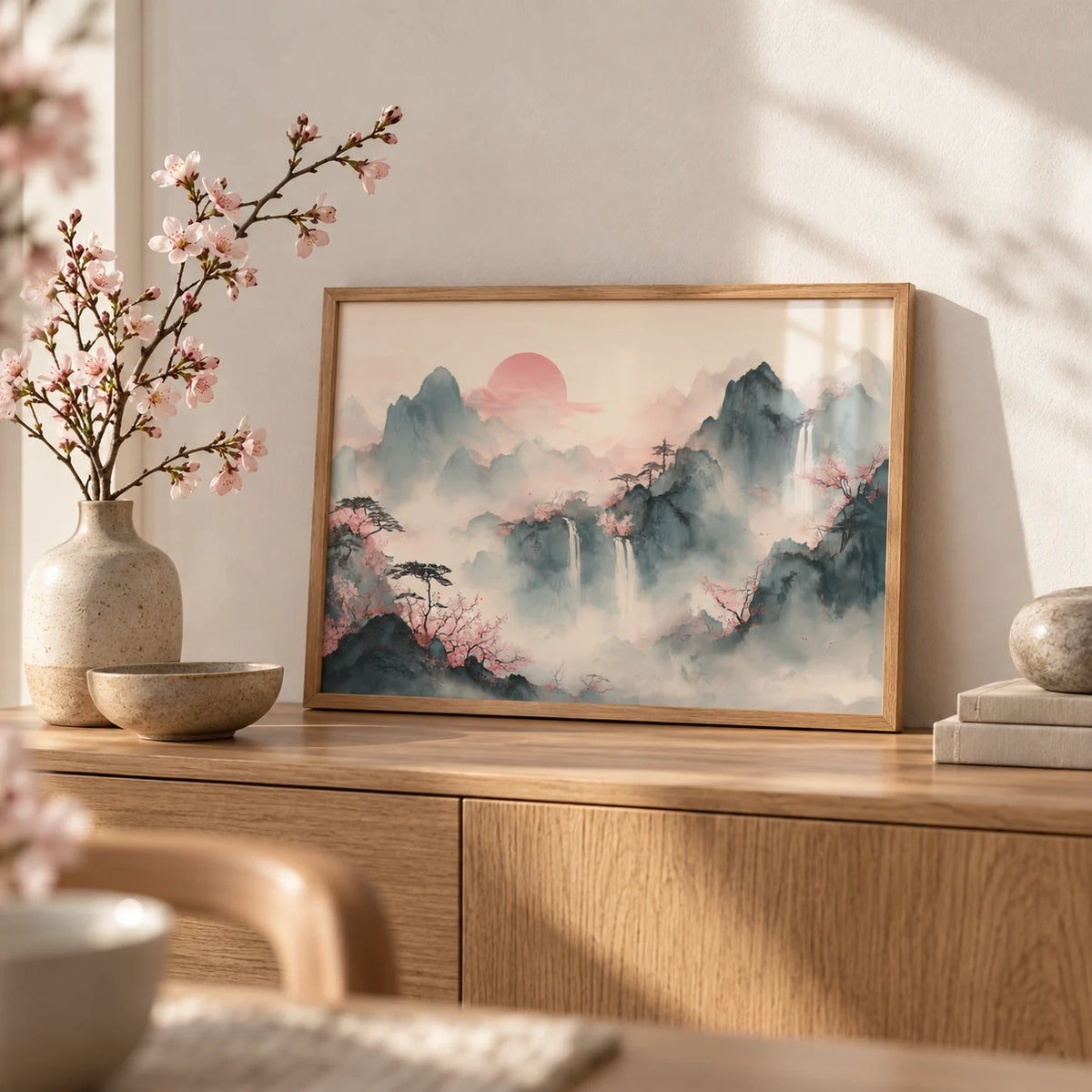 Tiger Mountain Wall Art, a small A4 framed print leaning on an oak sideboard in a living room