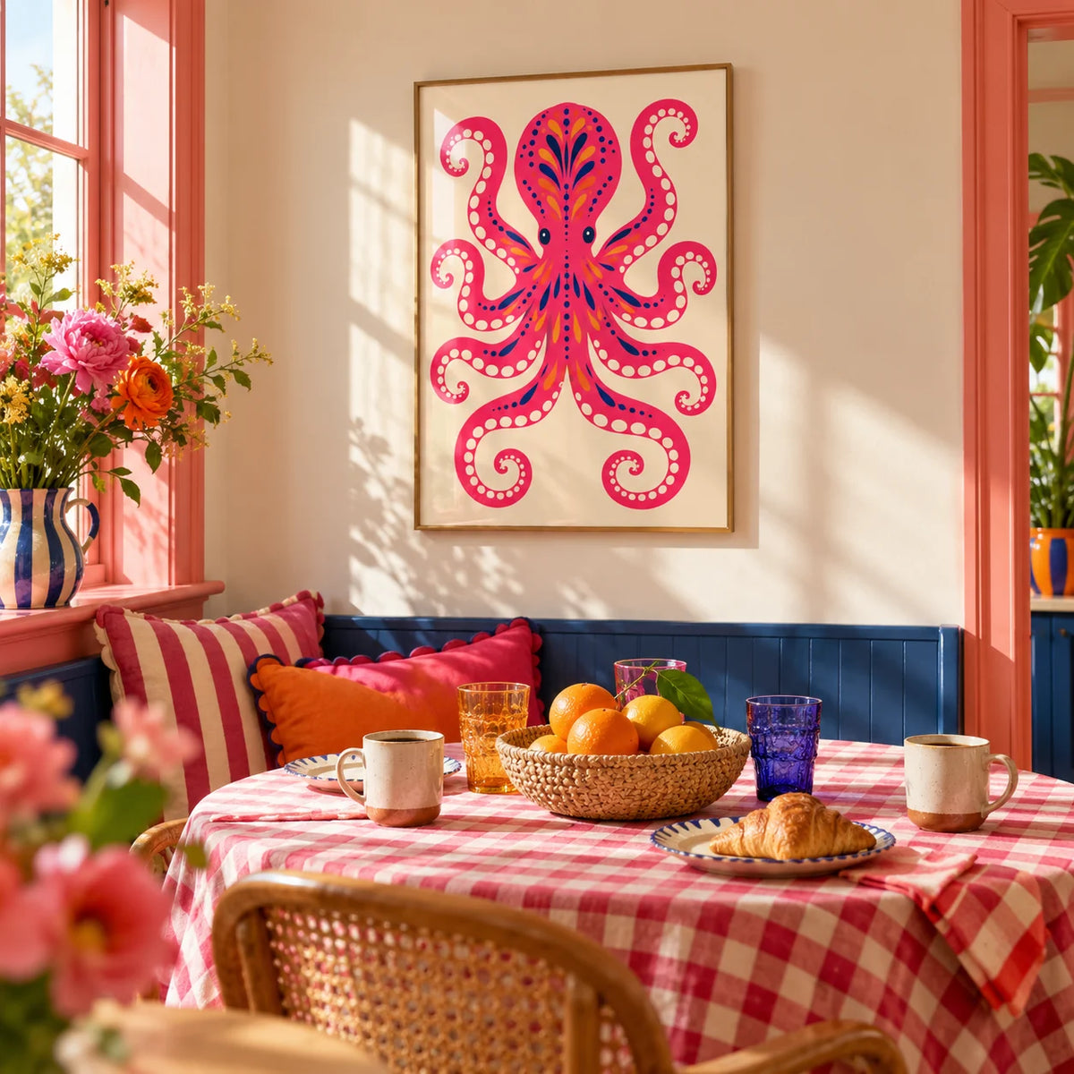 Pink Octopus Print, framed on the wall of a bright breakfast nook in a kitchen