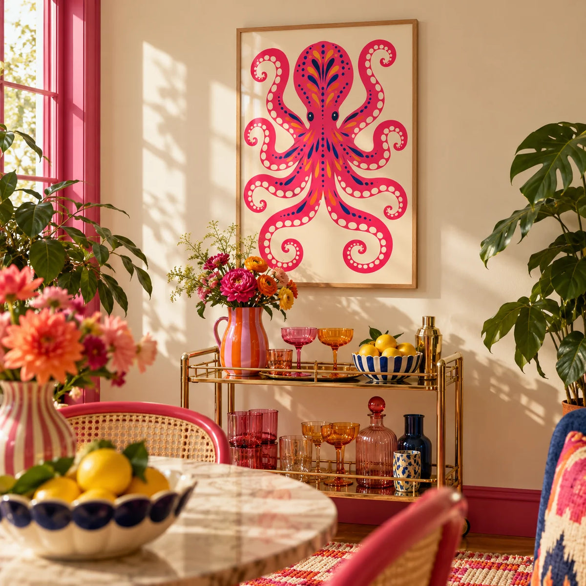 Pink Octopus Print, framed on the wall of a colourful dining corner