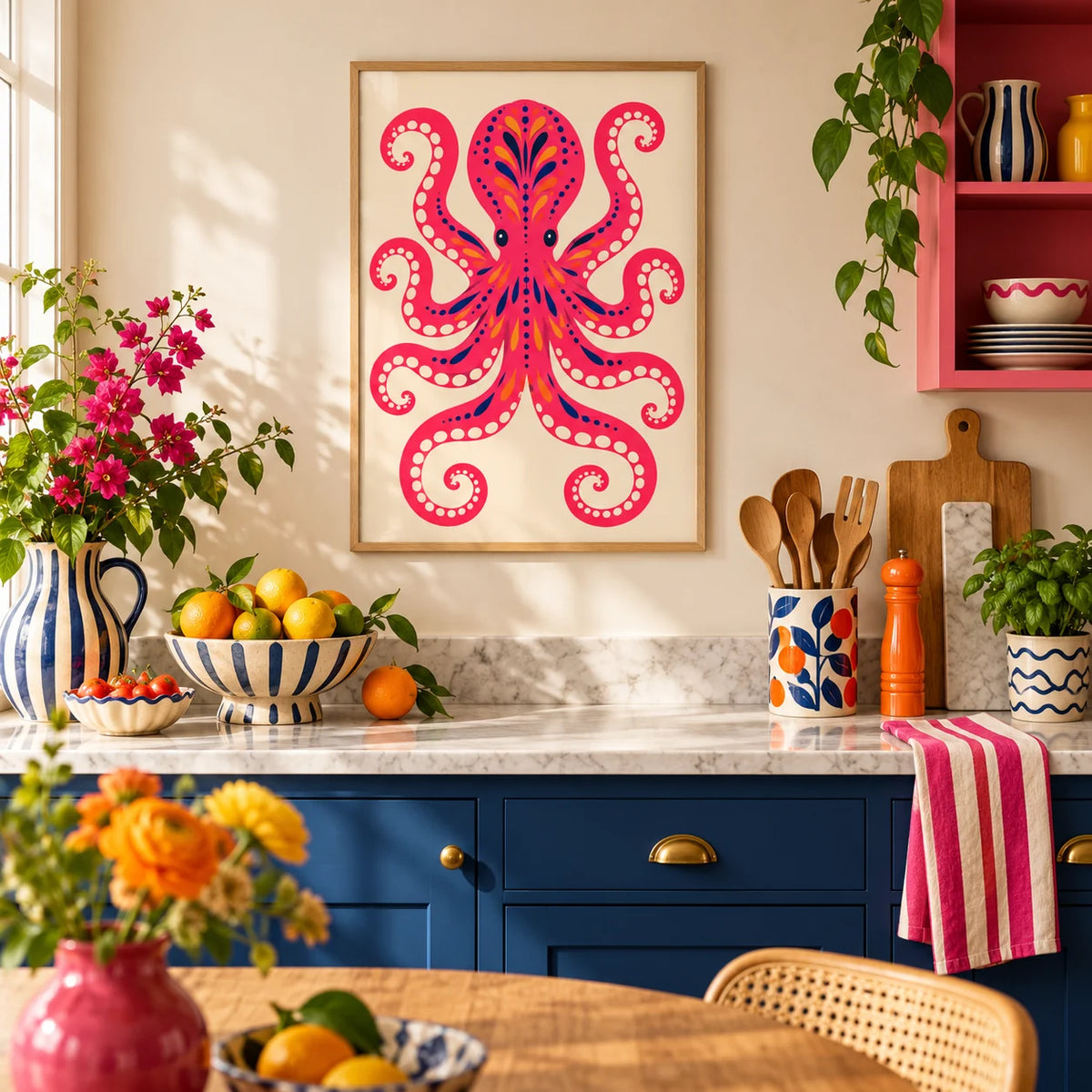 Pink Octopus Print, framed on the wall of a colourful dopamine kitchen