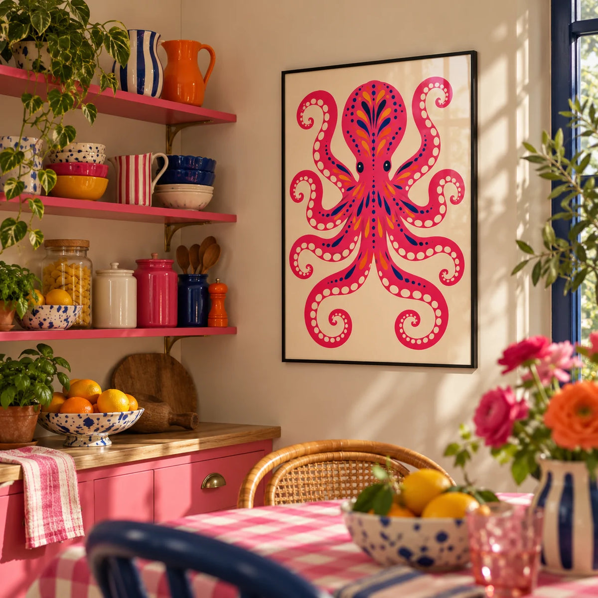 Pink Octopus Print, framed on the wall of a fun kitchen corner
