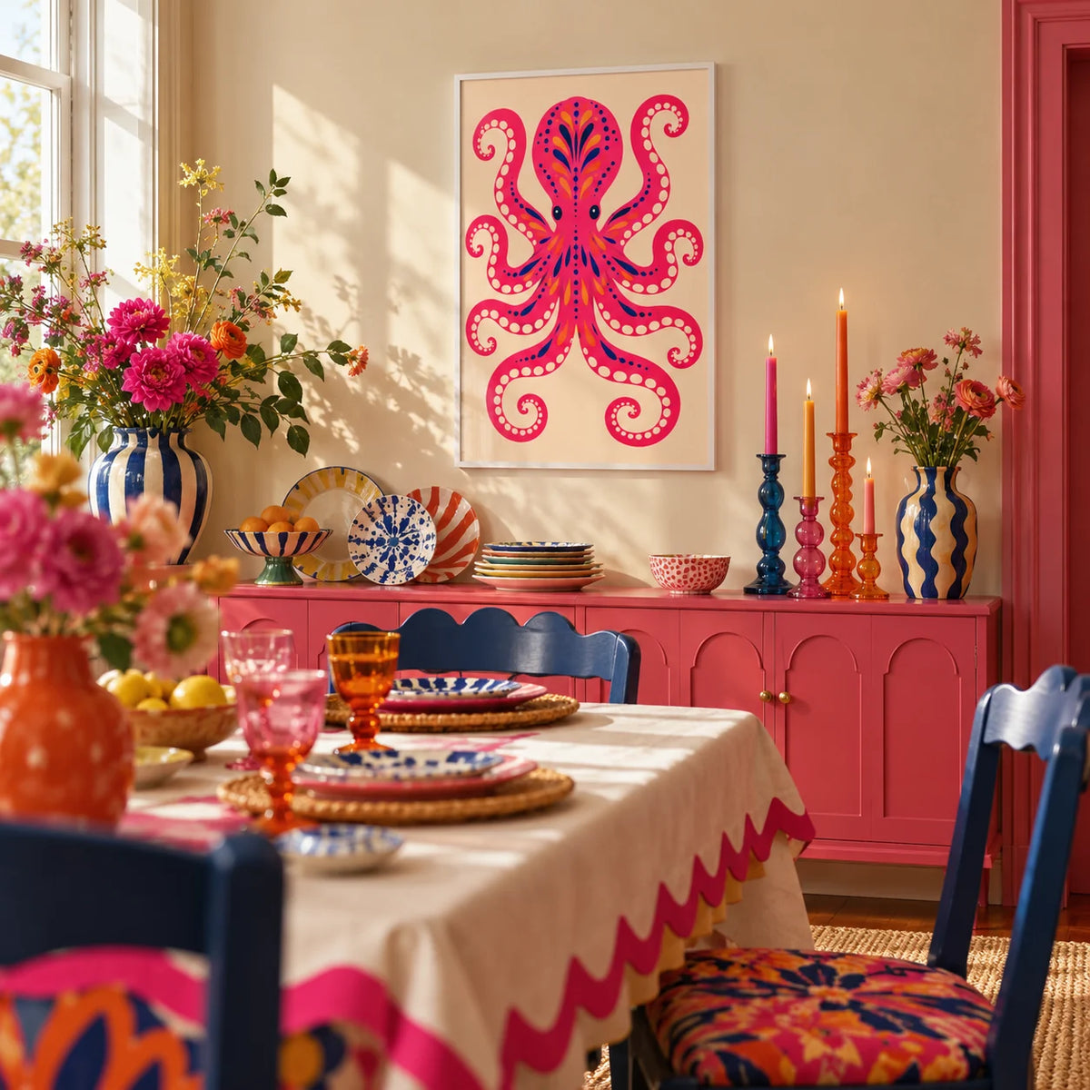 Pink Octopus Print, framed on the wall of a maximalist dining room