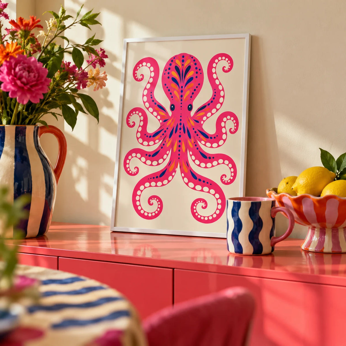 Pink Octopus Print, a small A4 framed print leaning on a colourful lacquered shelf in a living room