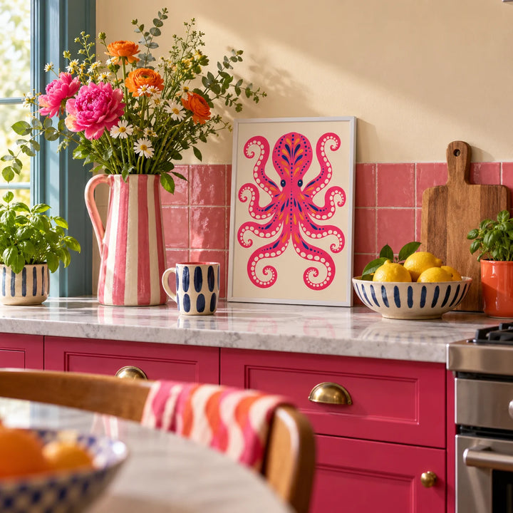 Pink Octopus Print, a small A4 framed print leaning on a kitchen worktop