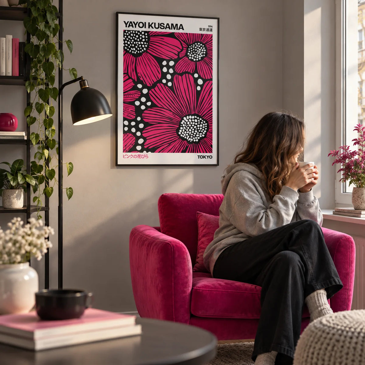 Pink Posters, framed on the wall of a design-led reading corner with a soft grey wall in a living room