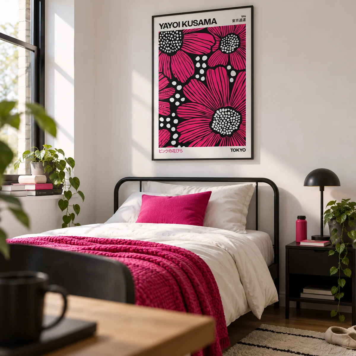 Pink Posters, framed on the wall of a modern single bedroom for a young adult (18-25) in a first flat