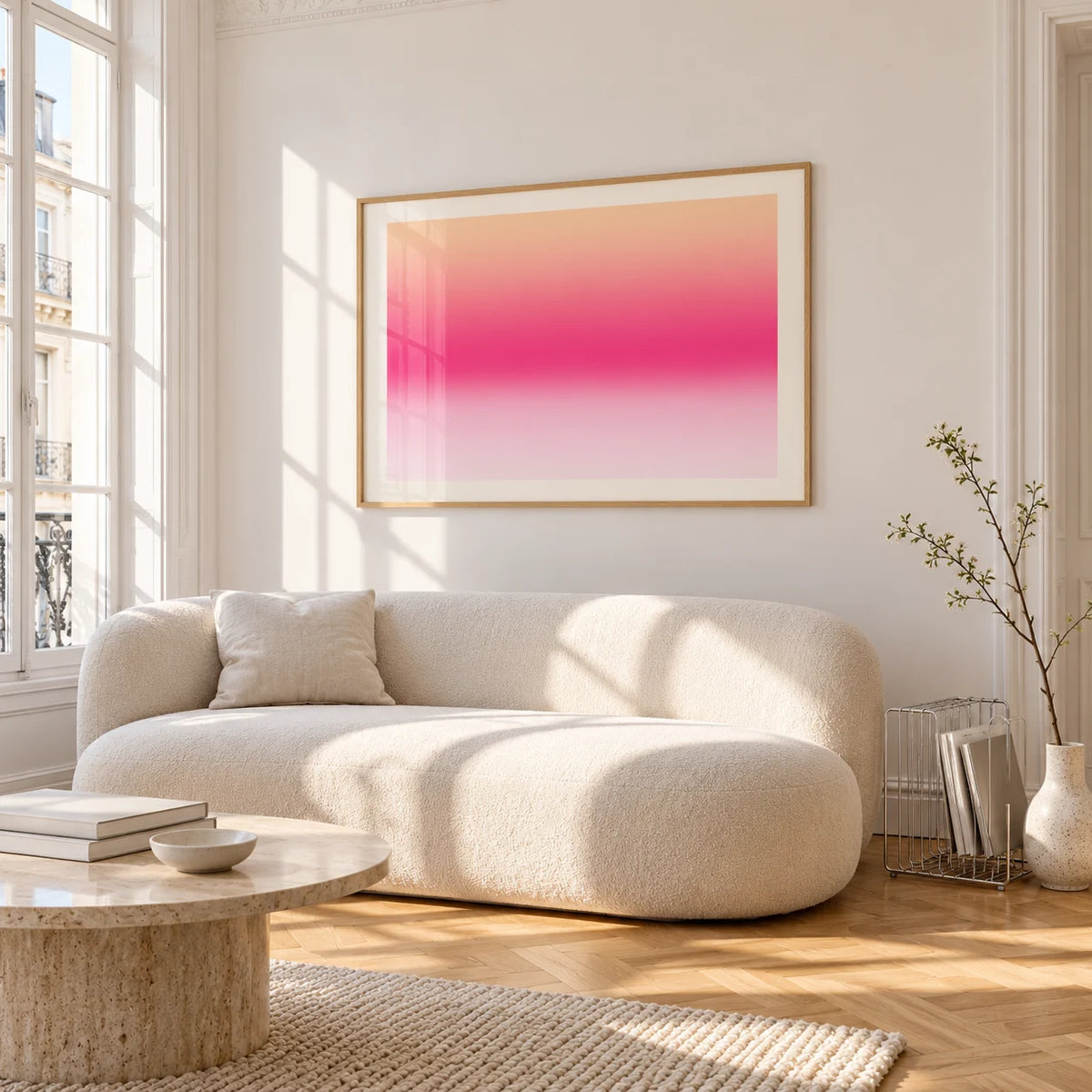 Pink Sunrise Print, framed on the wall of a bright living room corner