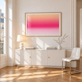Pink Sunrise Print, framed on the wall of a bright Paris style apartment in a living room