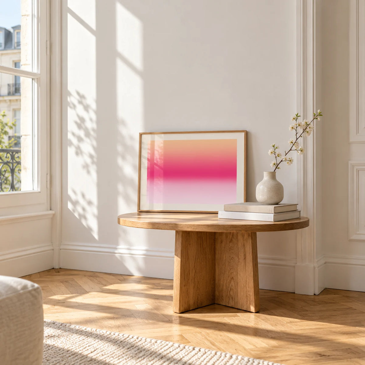 Pink Sunrise Print, a small A4 framed print leaning on a small solid oak side table