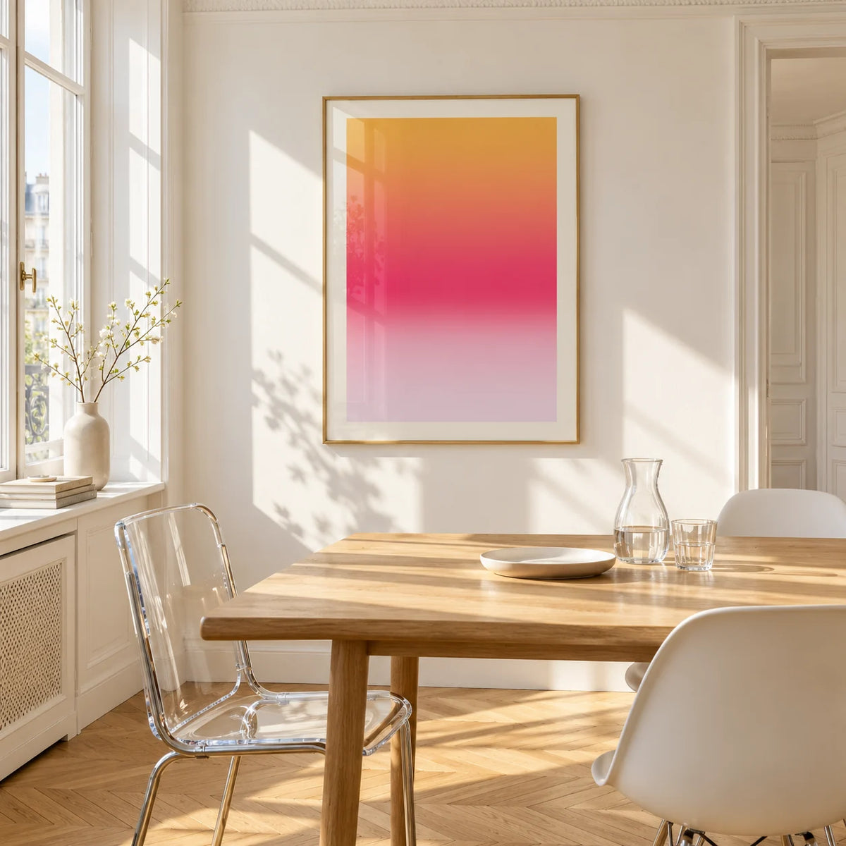 Pink Sunset Wall Art, framed on the wall of a bright dining corner