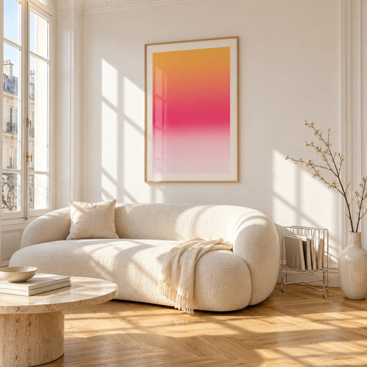 Pink Sunset Wall Art, framed on the wall of a bright living room corner