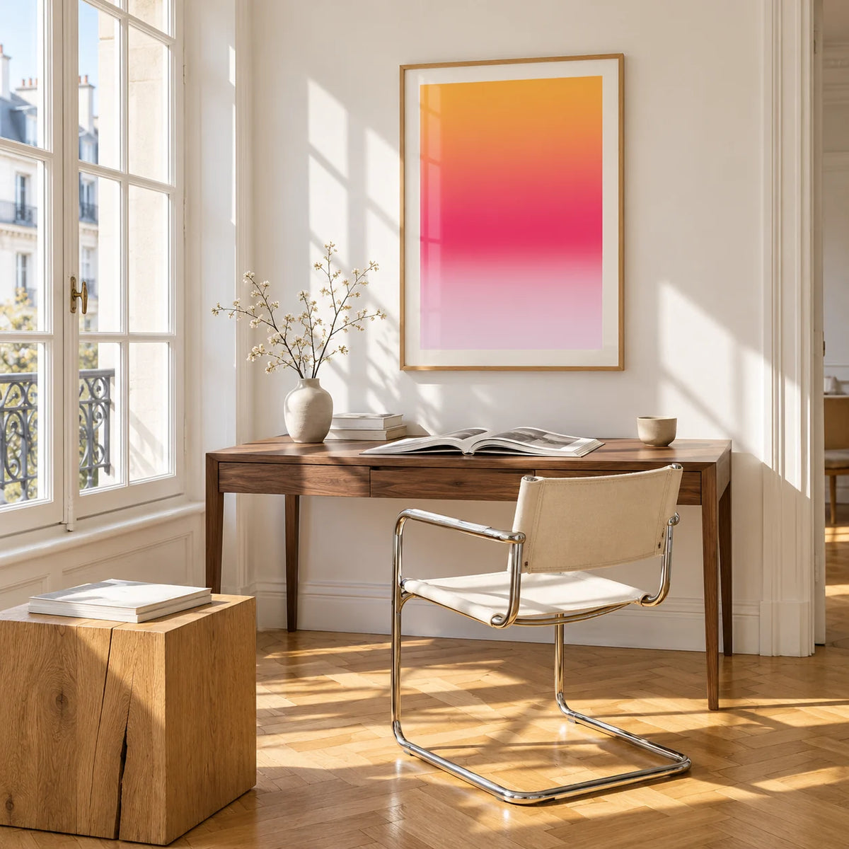 Pink Sunset Wall Art, framed on the wall of a bright study corner with a tall white paned window