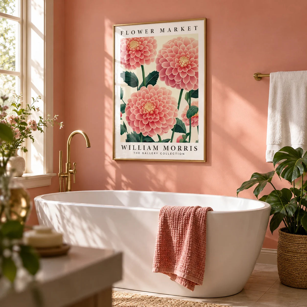 Pink Wall Decor, framed on the wall of a pretty bathroom with a soft coral pink wall and a white freestanding bath