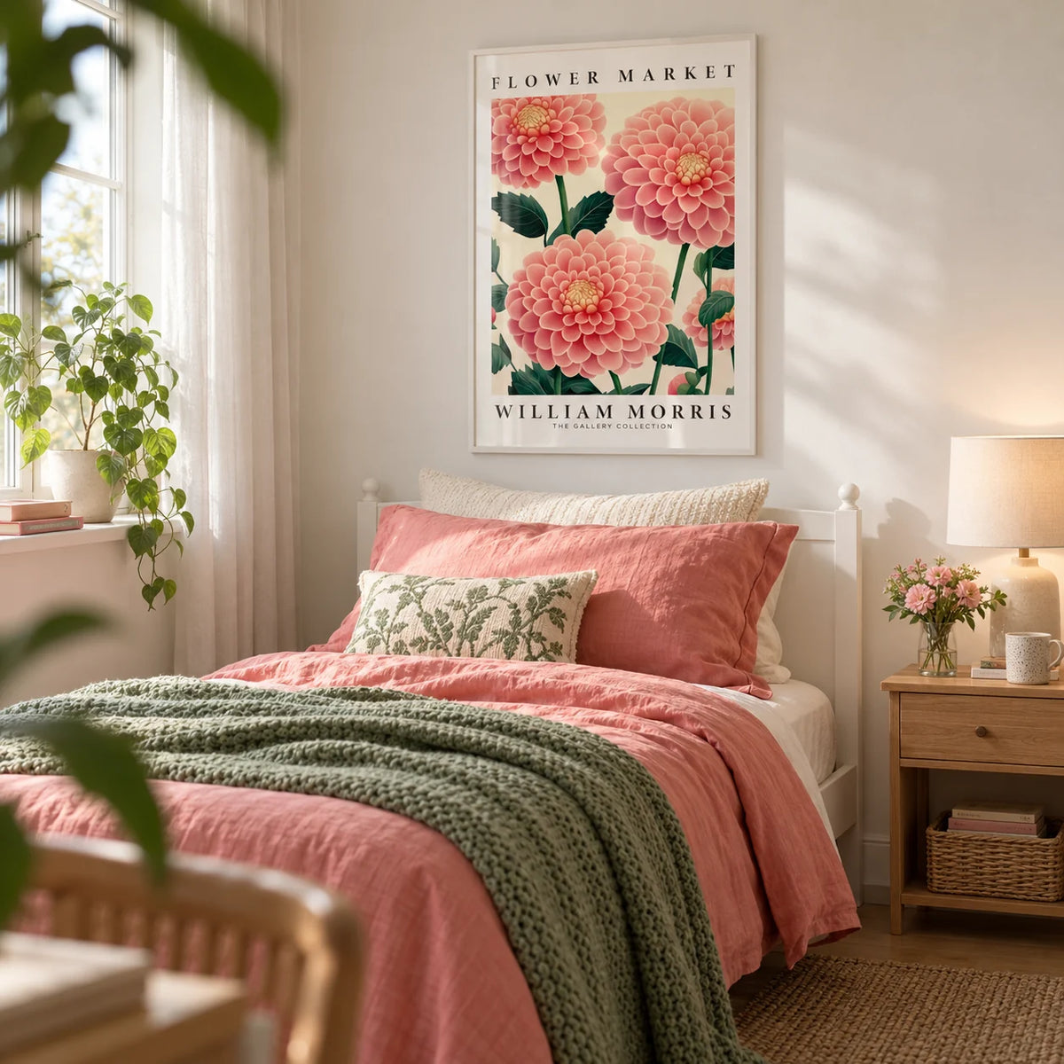 Pink Wall Decor, framed on the wall of a pretty single bedroom for a teen girl (13-17) with a soft white wall
