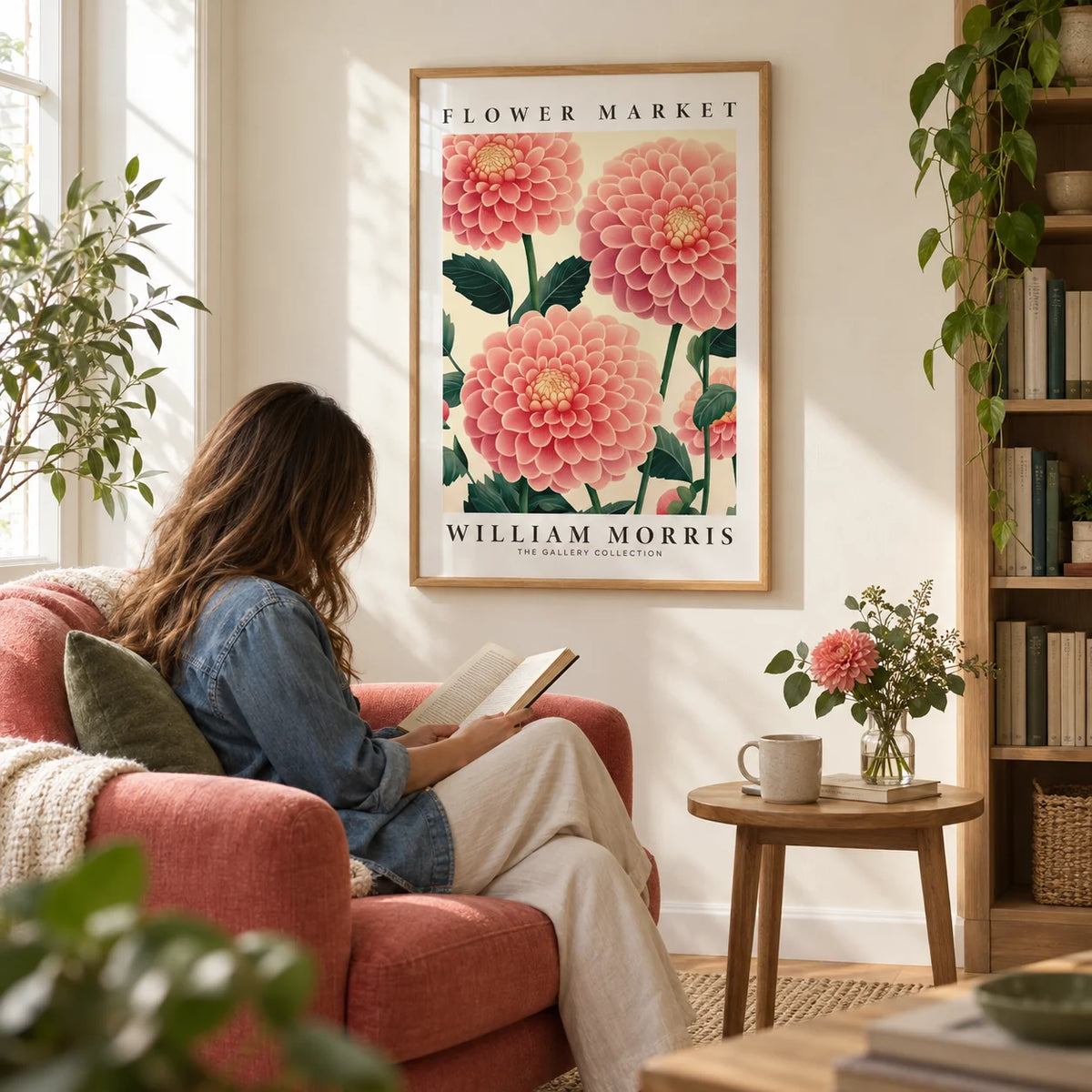 Pink Wall Decor, framed on the wall of a quiet reading corner with a warm white wall in a living room