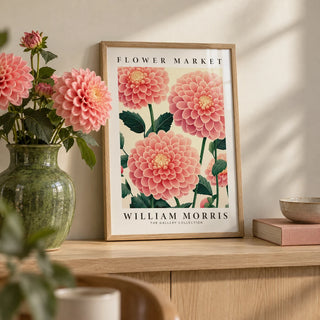 Pink Wall Decor, a small A4 framed print leaning on a pale oak shelf in a living room