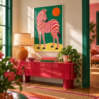 Pink Zebra Poster, framed on the wall of a colourful hallway