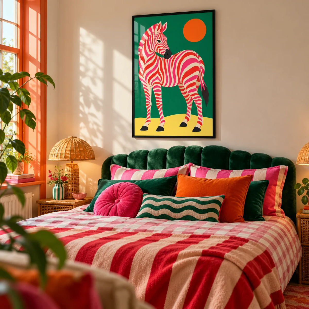 Pink Zebra Poster, framed on the wall of a dopamine bedroom