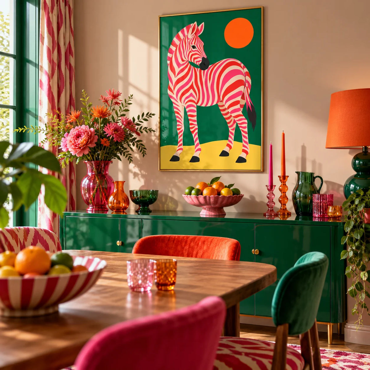 Pink Zebra Poster, framed on the wall of a maximalist dining room