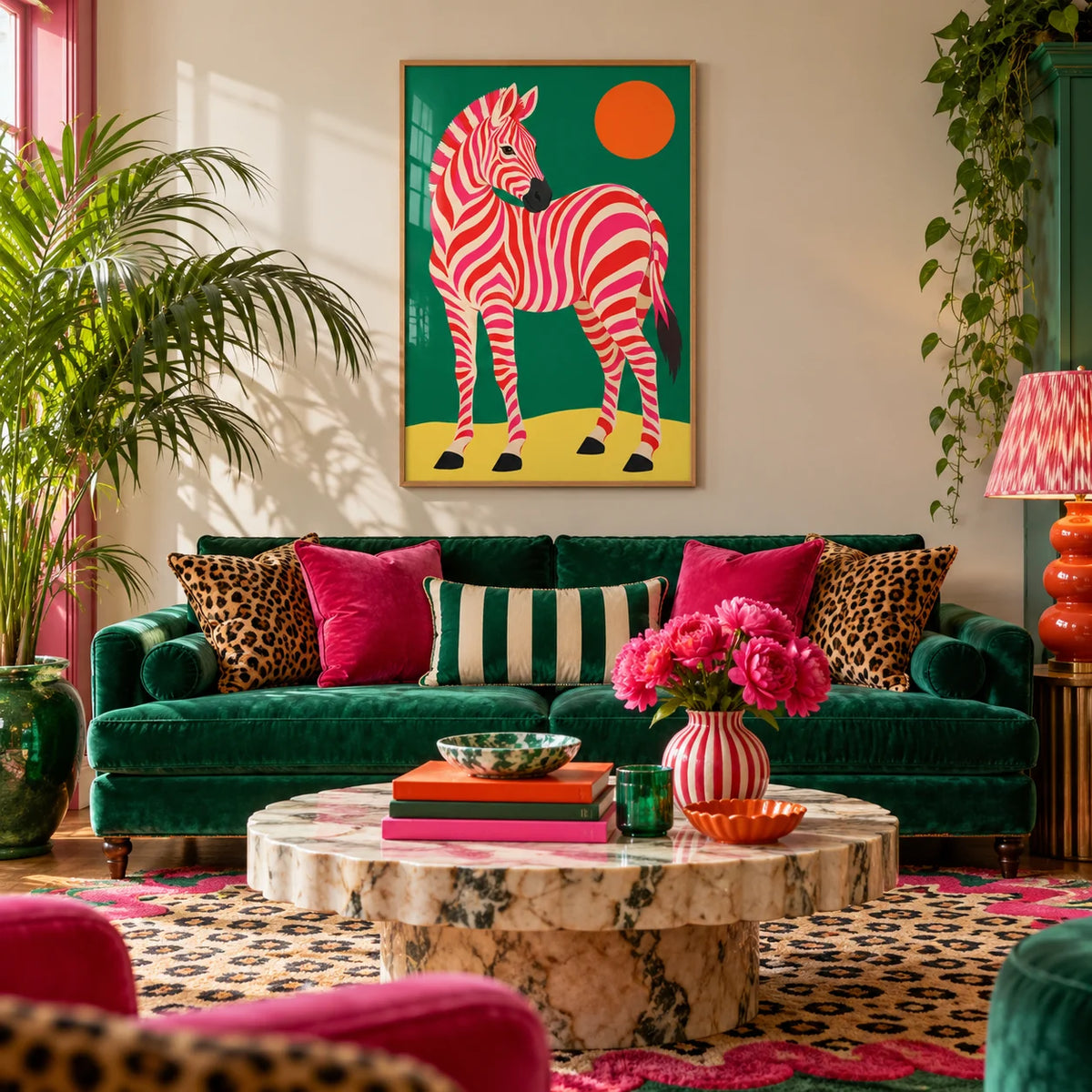 Pink Zebra Poster, framed on the wall of a maximalist living room